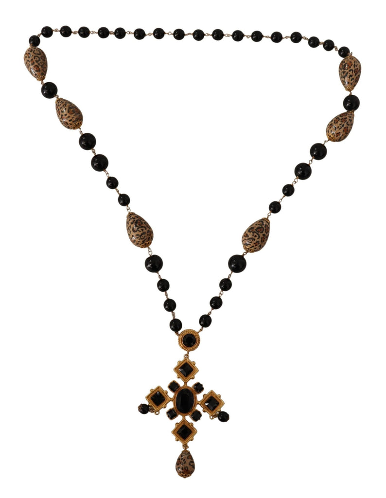 Dolce & Gabbana Gold Tone Brass Leopard Cross Chain Black Crystal Necklace Dolce & Gabbana