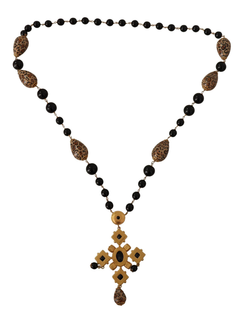 Dolce & Gabbana Gold Tone Brass Leopard Cross Chain Black Crystal Necklace Dolce & Gabbana