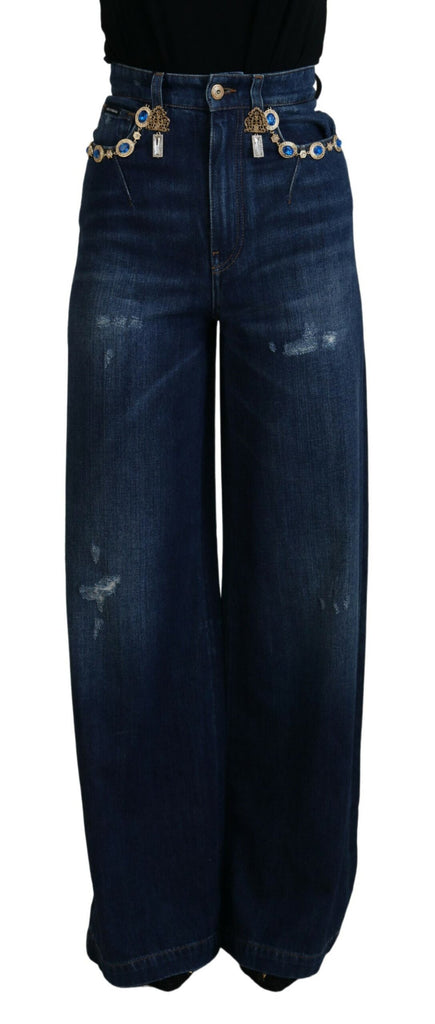 Dolce & Gabbana Blue Embellished Straight Denim Cotton Jeans Dolce & Gabbana