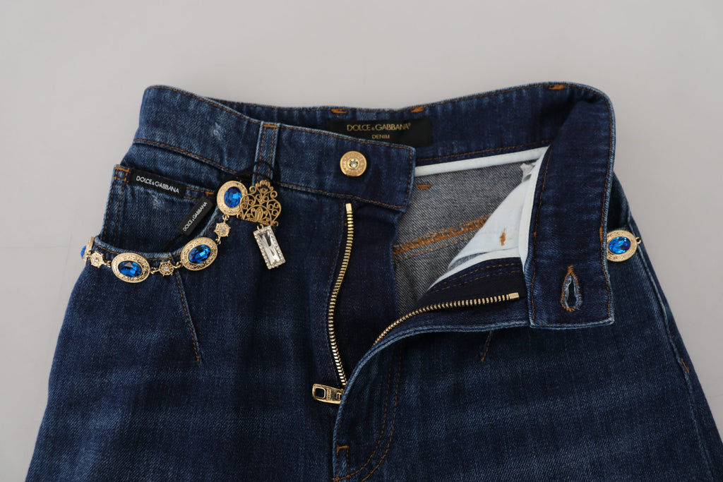 Dolce & Gabbana Blue Embellished Straight Denim Cotton Jeans Dolce & Gabbana