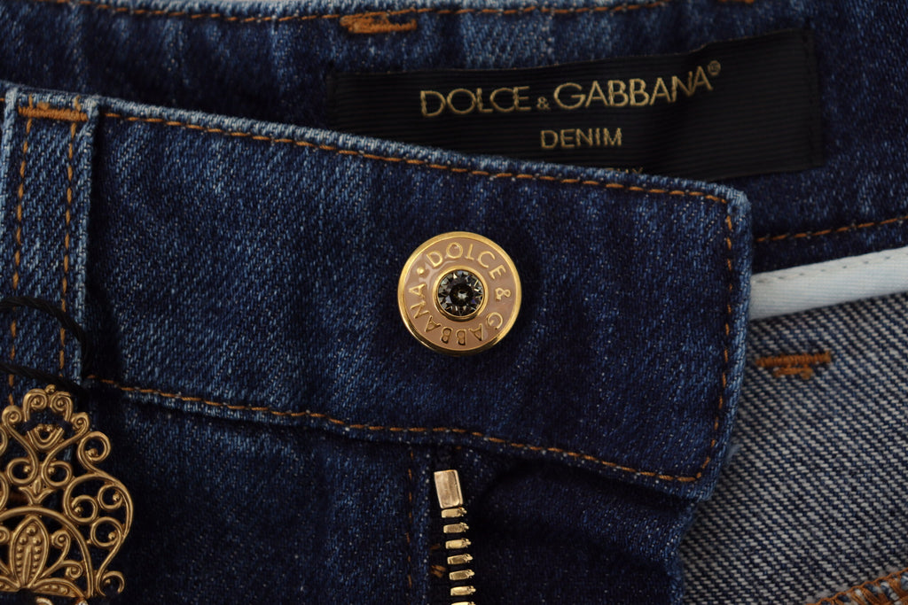 Dolce & Gabbana Blue Embellished Straight Denim Cotton Jeans Dolce & Gabbana