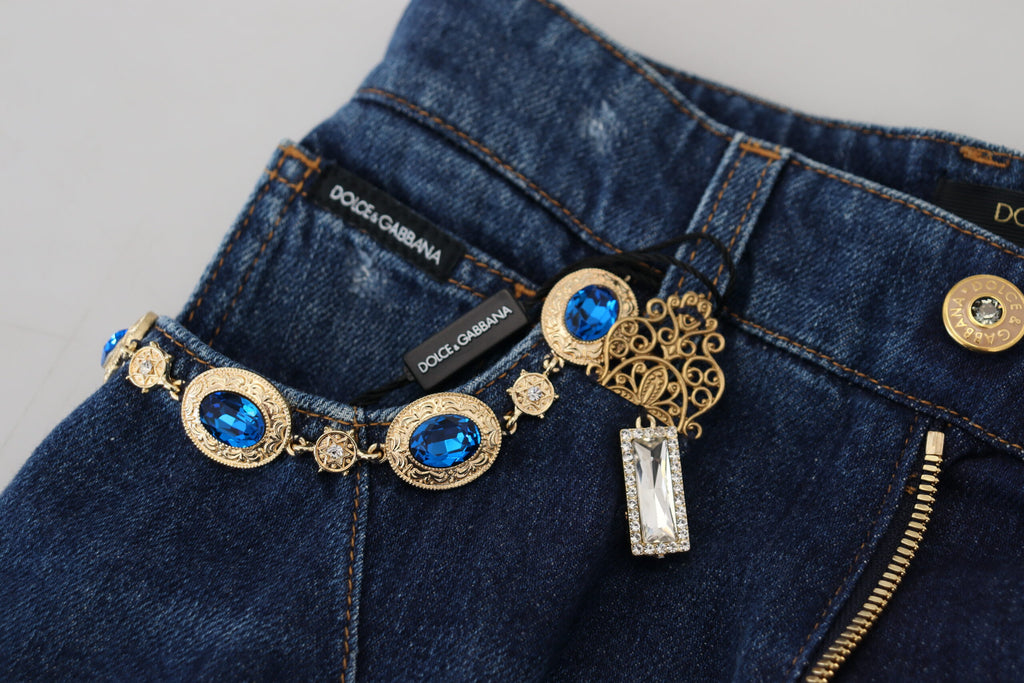 Dolce & Gabbana Blue Embellished Straight Denim Cotton Jeans Dolce & Gabbana