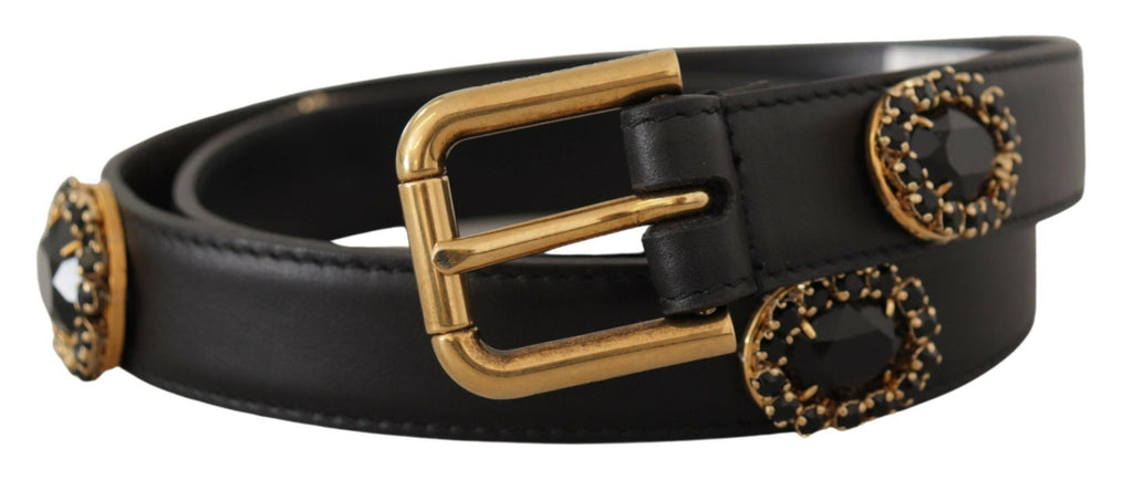 Dolce & Gabbana Black Leather Embellished Crystal Logo Belt - Luxe & Glitz