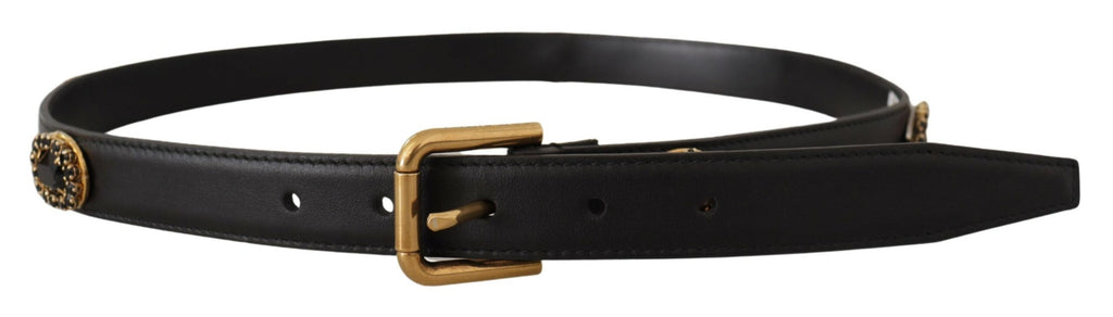 Dolce & Gabbana Black Leather Embellished Crystal Logo Belt - Luxe & Glitz