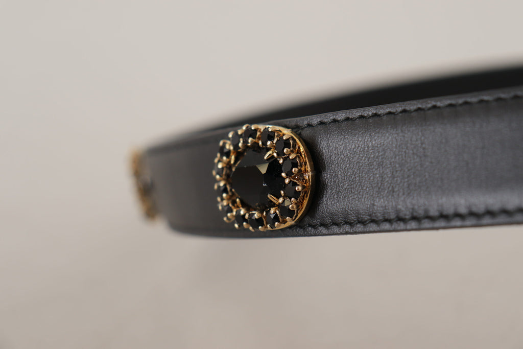 Dolce & Gabbana Black Leather Embellished Crystal Logo Belt - Luxe & Glitz