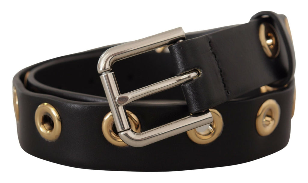 Dolce & Gabbana Black Leather Eyelet Silver Tone Metal Buckle Belt - Luxe & Glitz