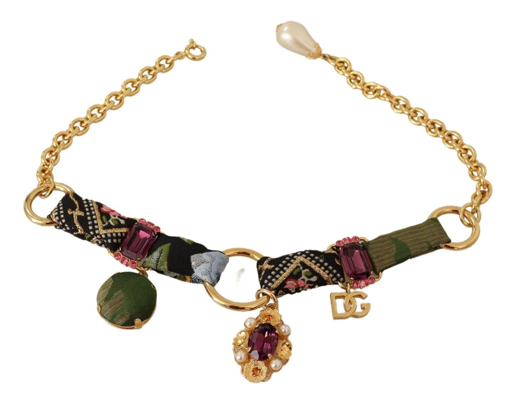 Dolce & Gabbana Gold Tone Brass Fabric Crystals Women Jewelry Necklace Dolce & Gabbana