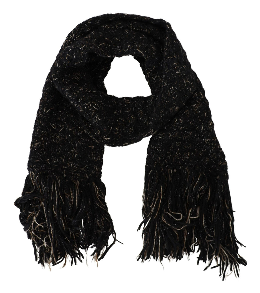 Dolce & Gabbana Black Wool Knitted Wrap Foulard Fringe Scarf - Luxe & Glitz