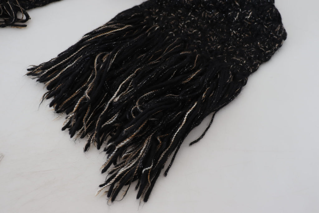 Dolce & Gabbana Black Wool Knitted Wrap Foulard Fringe Scarf - Luxe & Glitz