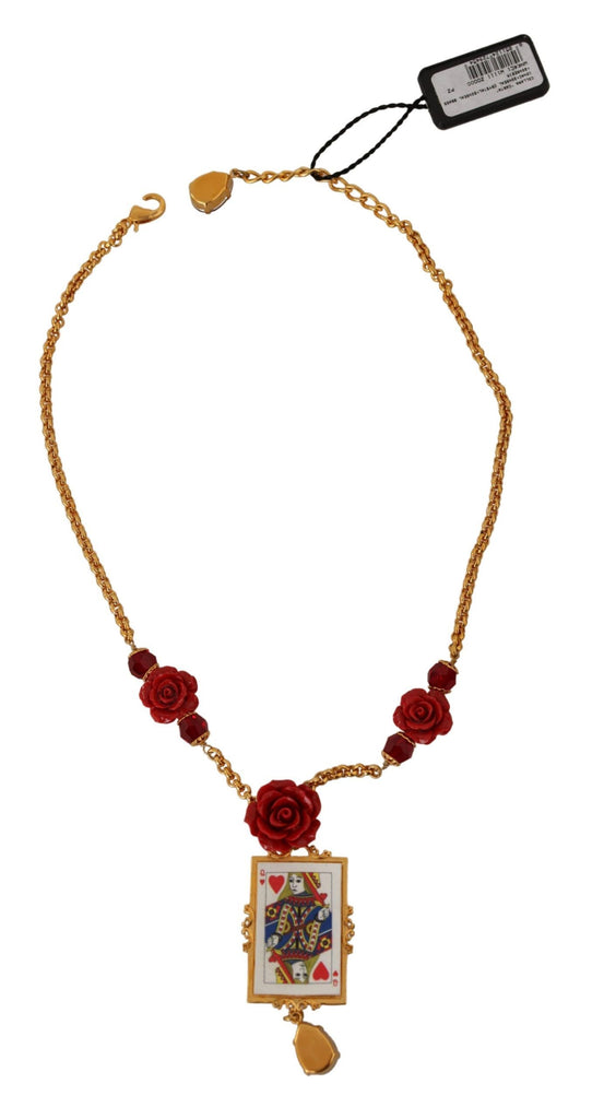 Dolce & Gabbana Gold Brass Flower Card Deck Crystal Pendant Necklace Dolce & Gabbana
