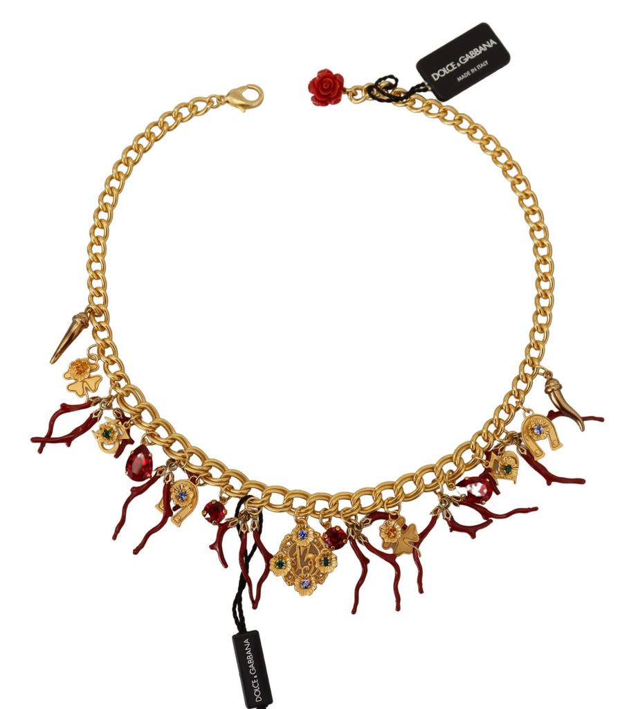 Dolce & Gabbana Gold Brass Crystal Logo Chili Statement Necklace Dolce & Gabbana