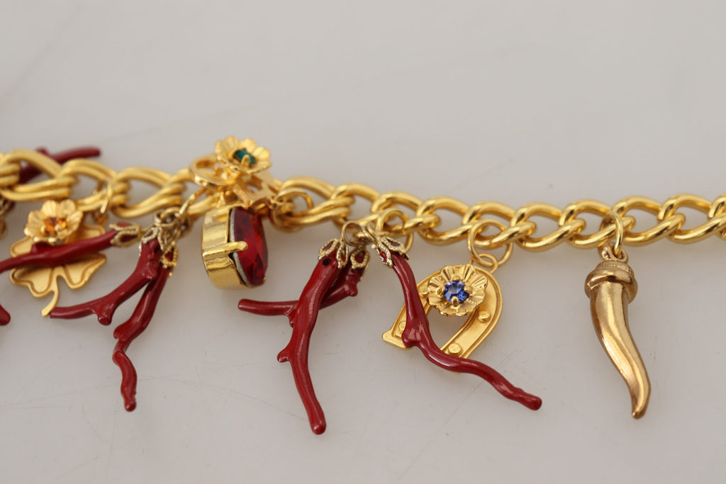 Dolce & Gabbana Gold Brass Crystal Logo Chili Statement Necklace Dolce & Gabbana
