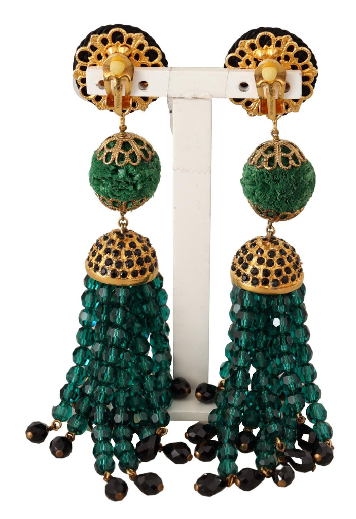 Dolce & Gabbana Green Crystals Gold Tone Drop Clip-on Dangle Earrings Dolce & Gabbana