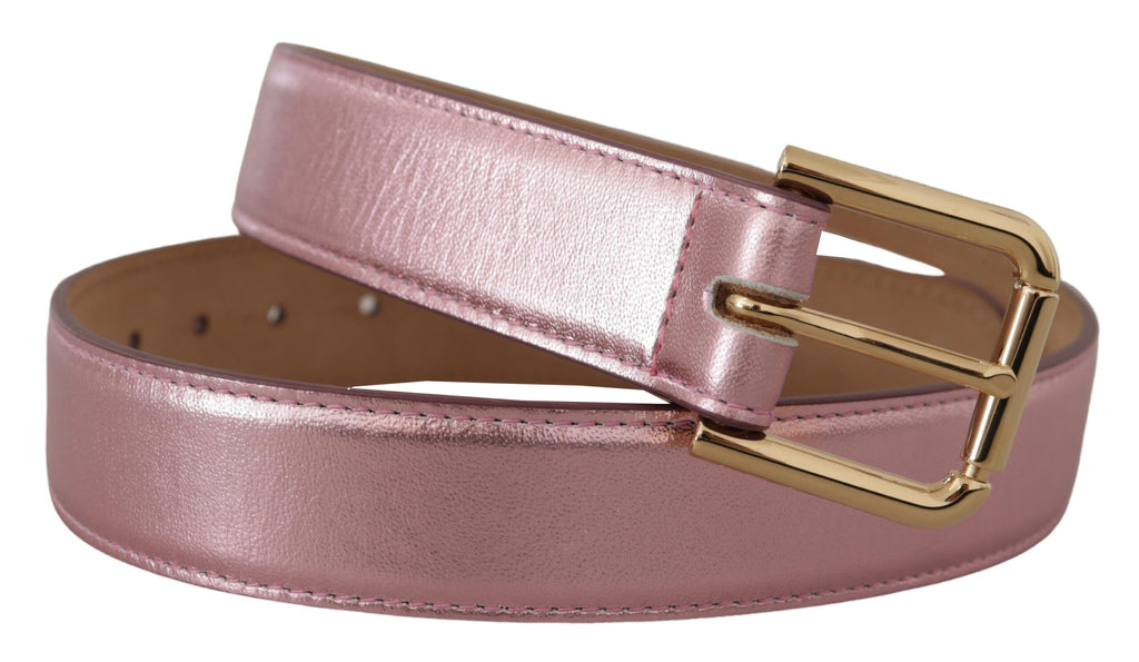 Dolce & Gabbana Metallic Pink Polished Leather Logo Metal Buckle Belt - Luxe & Glitz