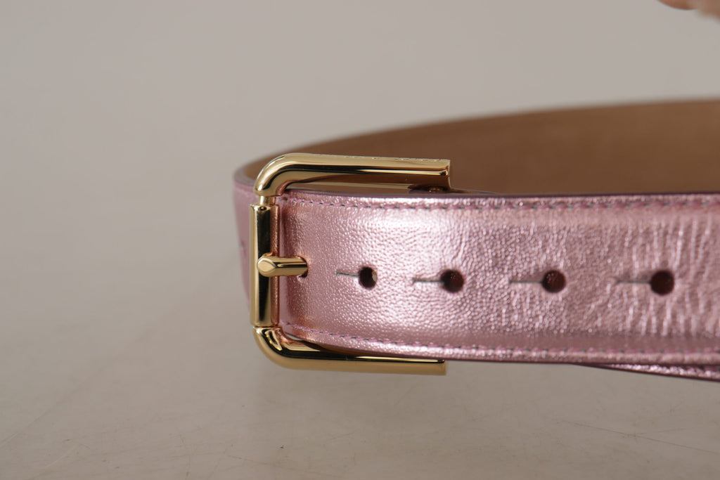 Dolce & Gabbana Metallic Pink Polished Leather Logo Metal Buckle Belt - Luxe & Glitz