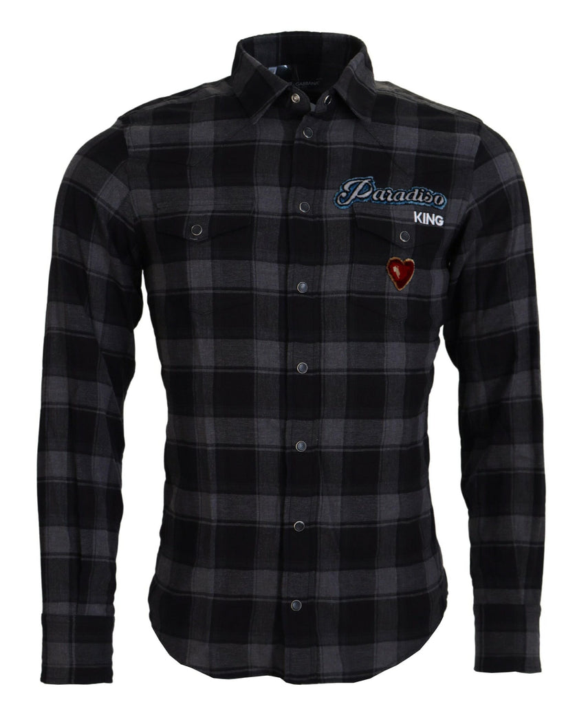 Dolce & Gabbana Black Gray Check Men Long Sleeves Shirt Dolce & Gabbana