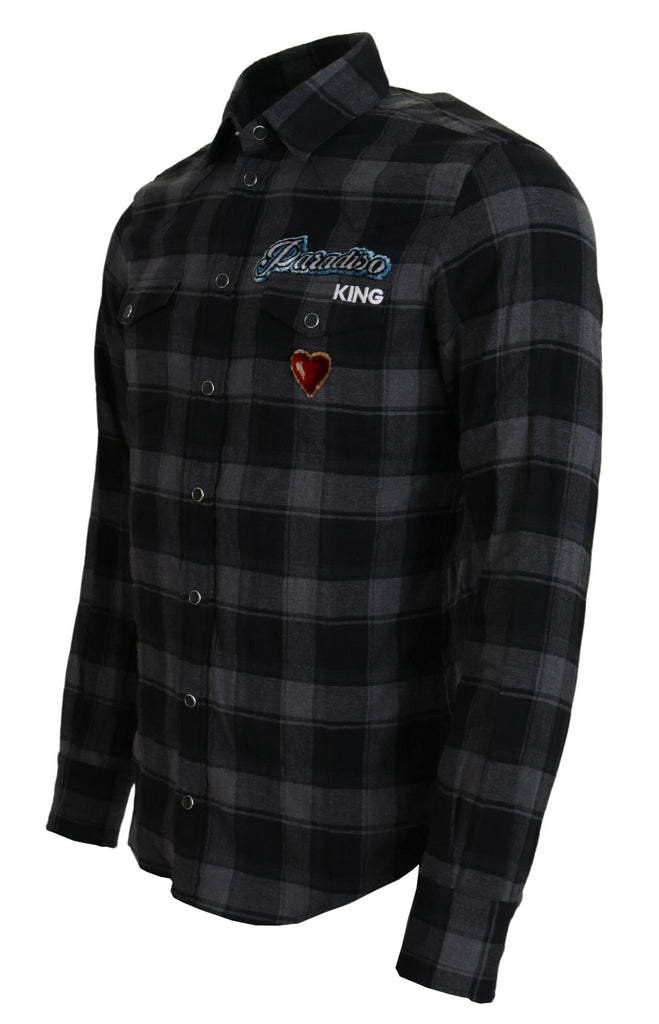 Dolce & Gabbana Black Gray Check Men Long Sleeves Shirt Dolce & Gabbana