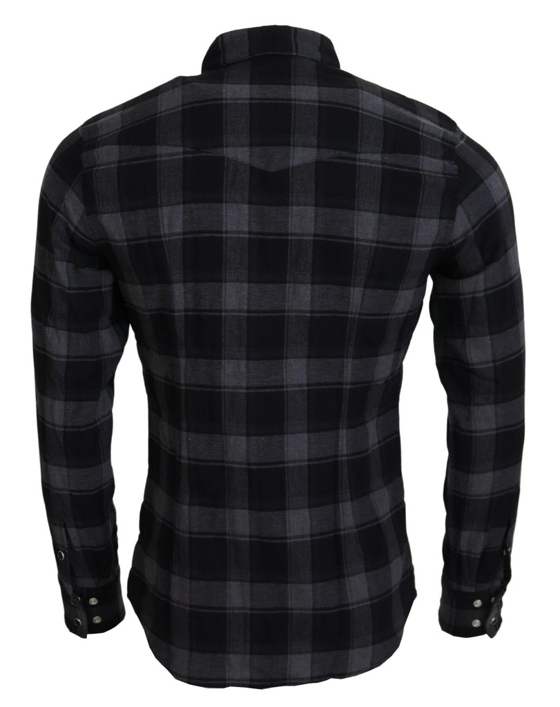 Dolce & Gabbana Black Gray Check Men Long Sleeves Shirt Dolce & Gabbana