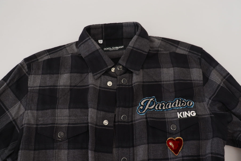 Dolce & Gabbana Black Gray Check Men Long Sleeves Shirt Dolce & Gabbana