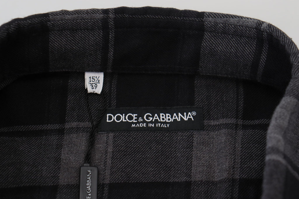 Dolce & Gabbana Black Gray Check Men Long Sleeves Shirt Dolce & Gabbana