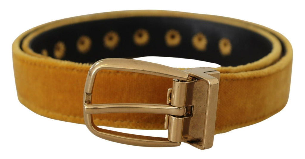 Dolce & Gabbana Mustard Velvet Gold Logo Engraved Metal Buckle Belt - Luxe & Glitz