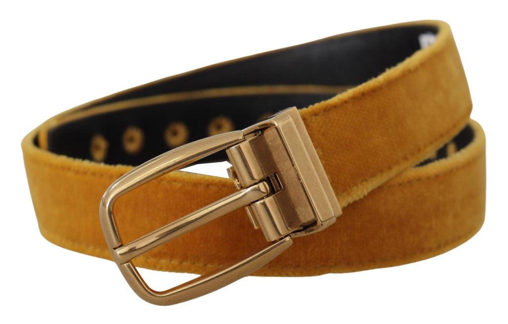 Dolce & Gabbana Mustard Velvet Gold Logo Engraved Metal Buckle Belt - Luxe & Glitz