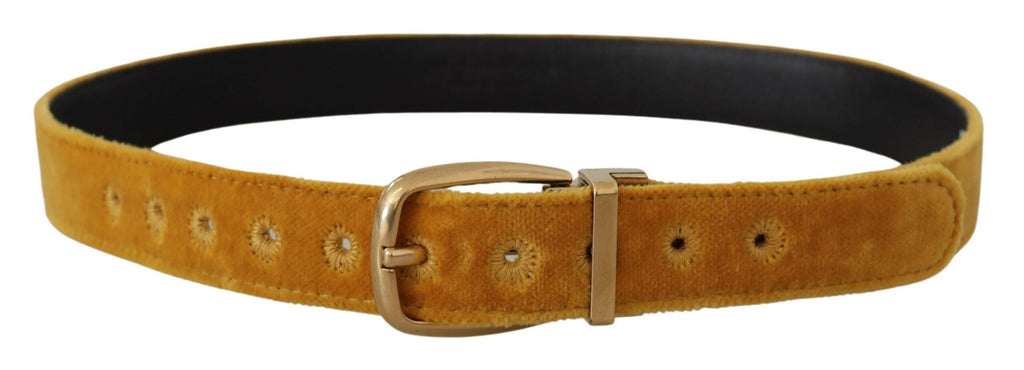 Dolce & Gabbana Mustard Velvet Gold Logo Engraved Metal Buckle Belt - Luxe & Glitz