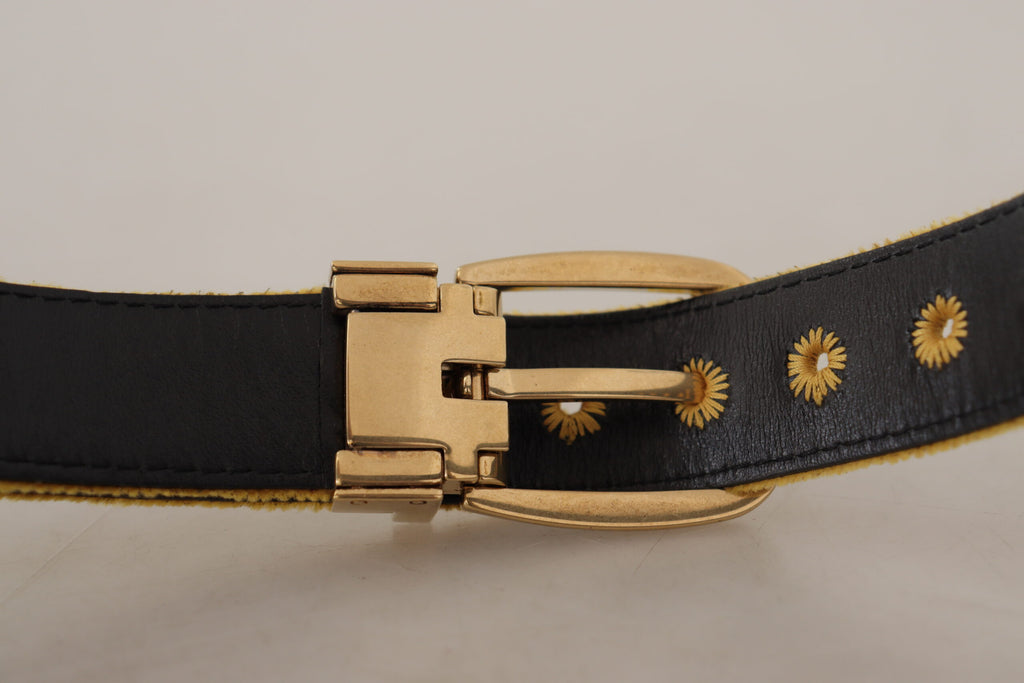 Dolce & Gabbana Mustard Velvet Gold Logo Engraved Metal Buckle Belt - Luxe & Glitz