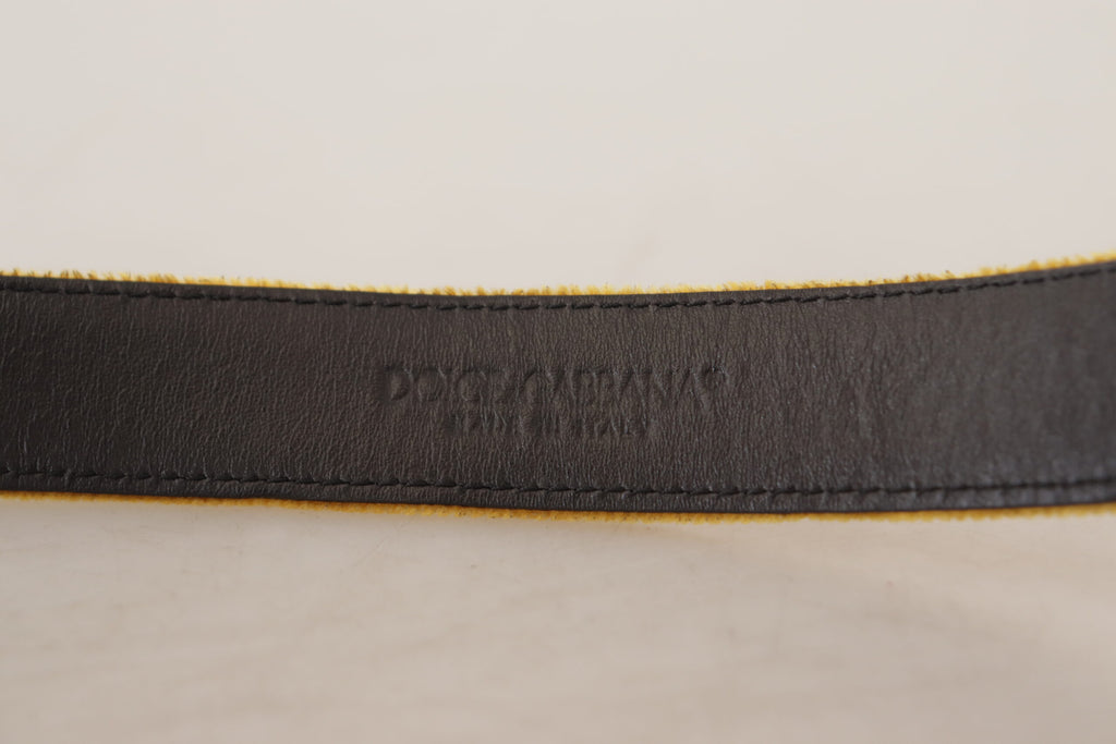 Dolce & Gabbana Mustard Velvet Gold Logo Engraved Metal Buckle Belt - Luxe & Glitz