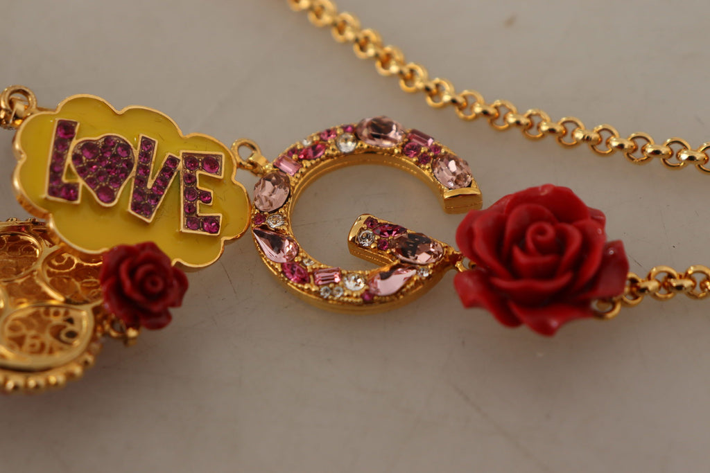 Dolce & Gabbana Gold Rose Love Crystal Charm Chain Necklace Dolce & Gabbana