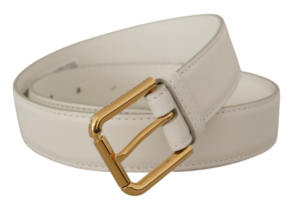 Dolce & Gabbana White Calf Leather Gold Tone Logo Metal Buckle Belt Dolce & Gabbana