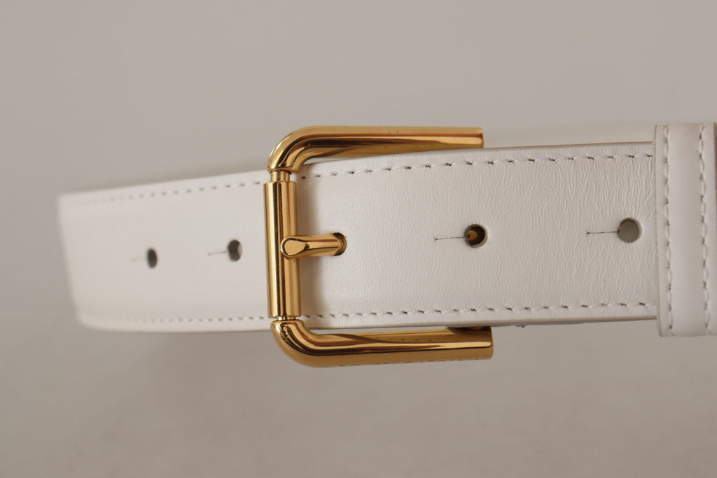 Dolce & Gabbana White Calf Leather Gold Tone Logo Metal Buckle Belt Dolce & Gabbana