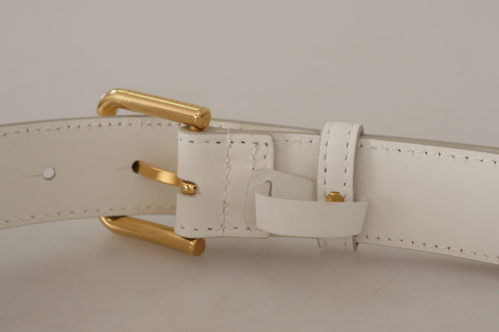 Dolce & Gabbana White Calf Leather Gold Tone Logo Metal Buckle Belt Dolce & Gabbana