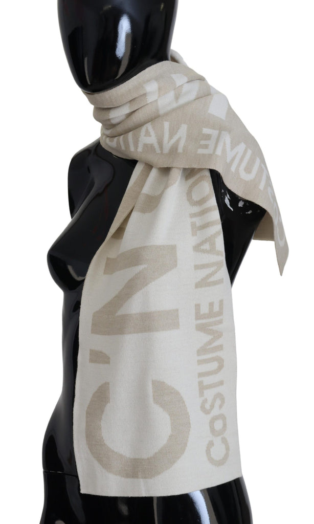 Costume National Beige White Logo Wrap Warmer Shawl Scarf - Luxe & Glitz