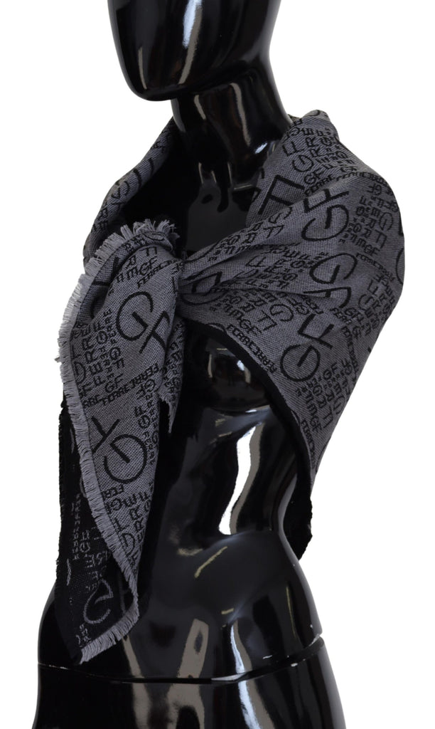 GF Ferre Grey Wool Logo Print Wrap Warmer Shawl Scarf - Luxe & Glitz