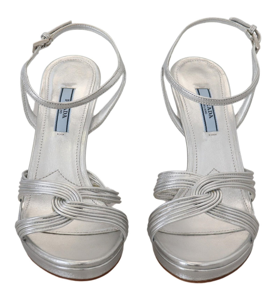 Prada Silver Leather Sandals Ankle Strap Heels Stiletto Prada