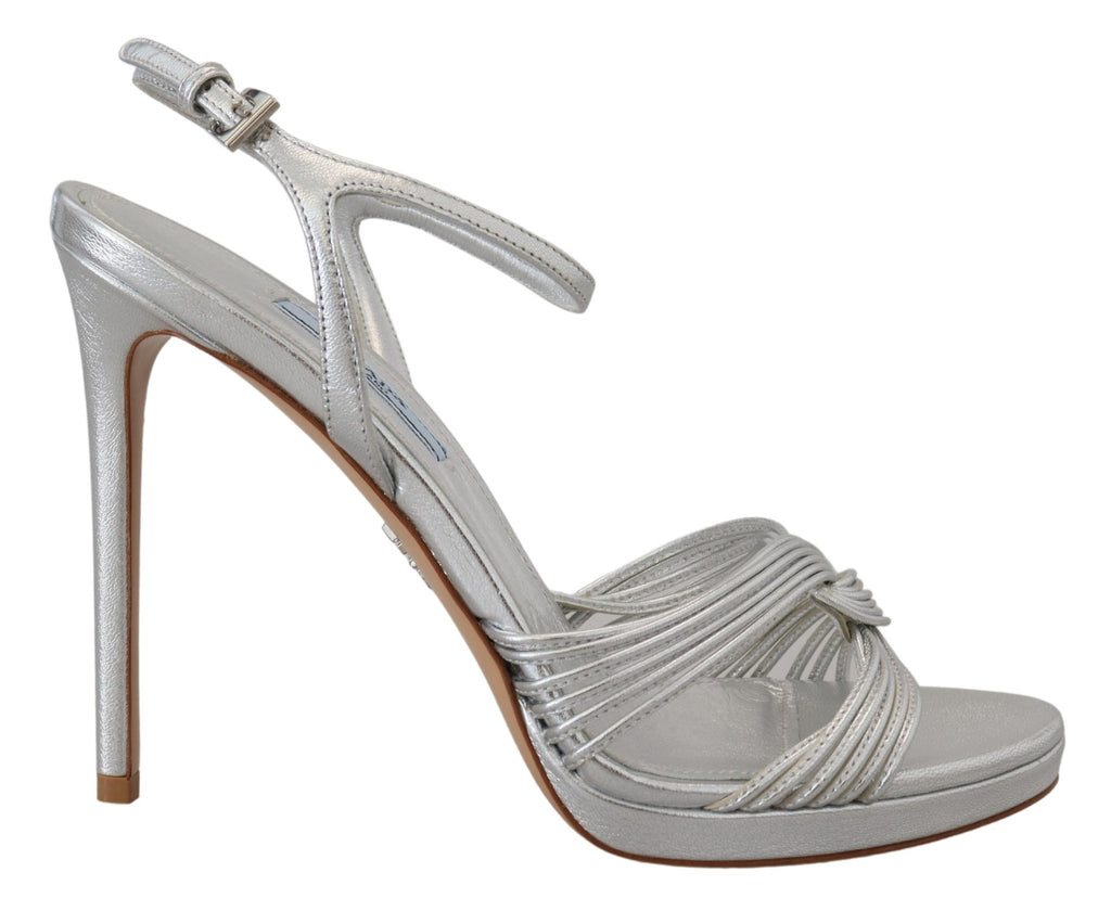 Prada Silver Leather Sandals Ankle Strap Heels Stiletto Prada