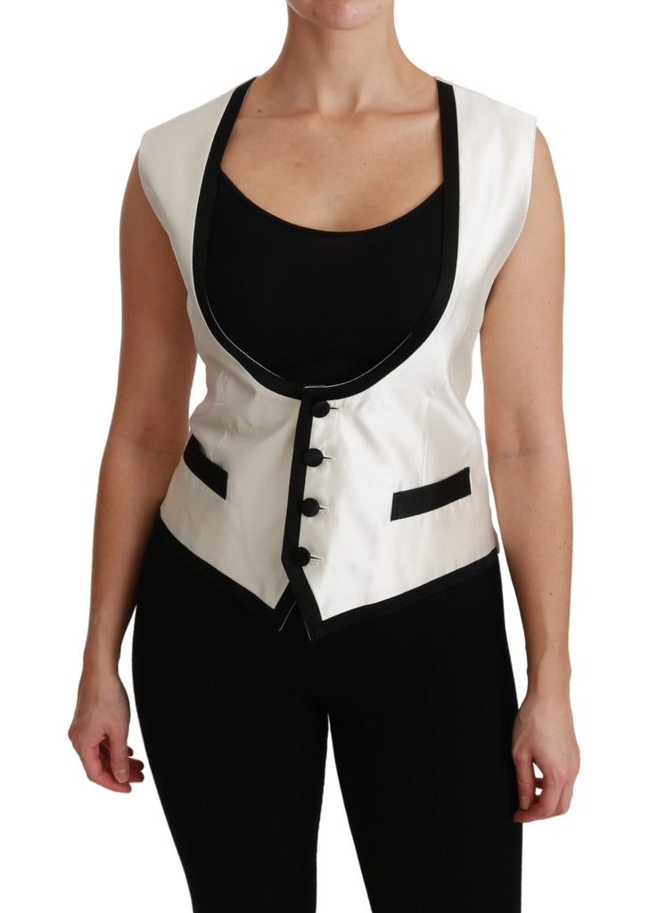 Dolce & Gabbana White Waistcoat Slim Vest Silk Top - Luxe & Glitz