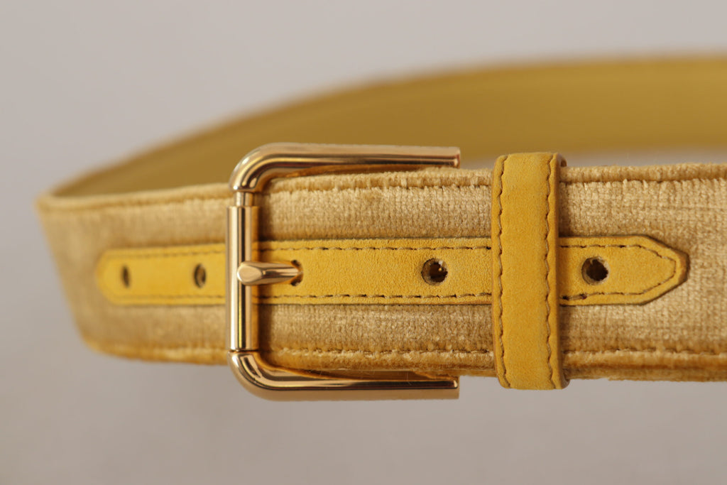 Dolce & Gabbana Yellow Velvet Gold Metal Logo Engraved Buckle Belt - Luxe & Glitz