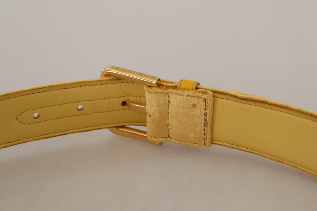 Dolce & Gabbana Yellow Velvet Gold Metal Logo Engraved Buckle Belt - Luxe & Glitz