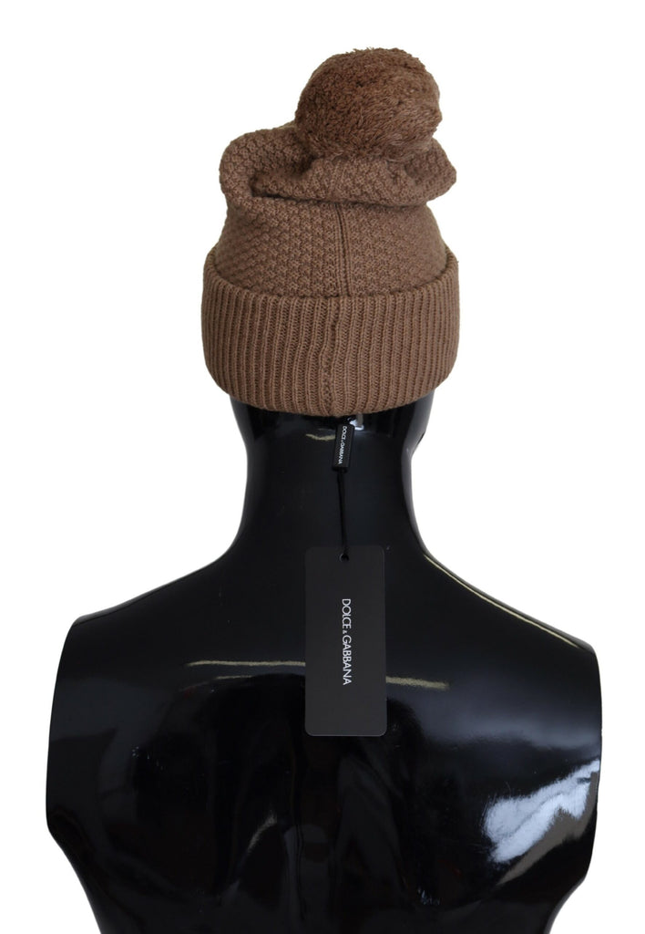 Dolce & Gabbana Brown Solid Knitted Fur Ball Winter Beanie Hat - Luxe & Glitz