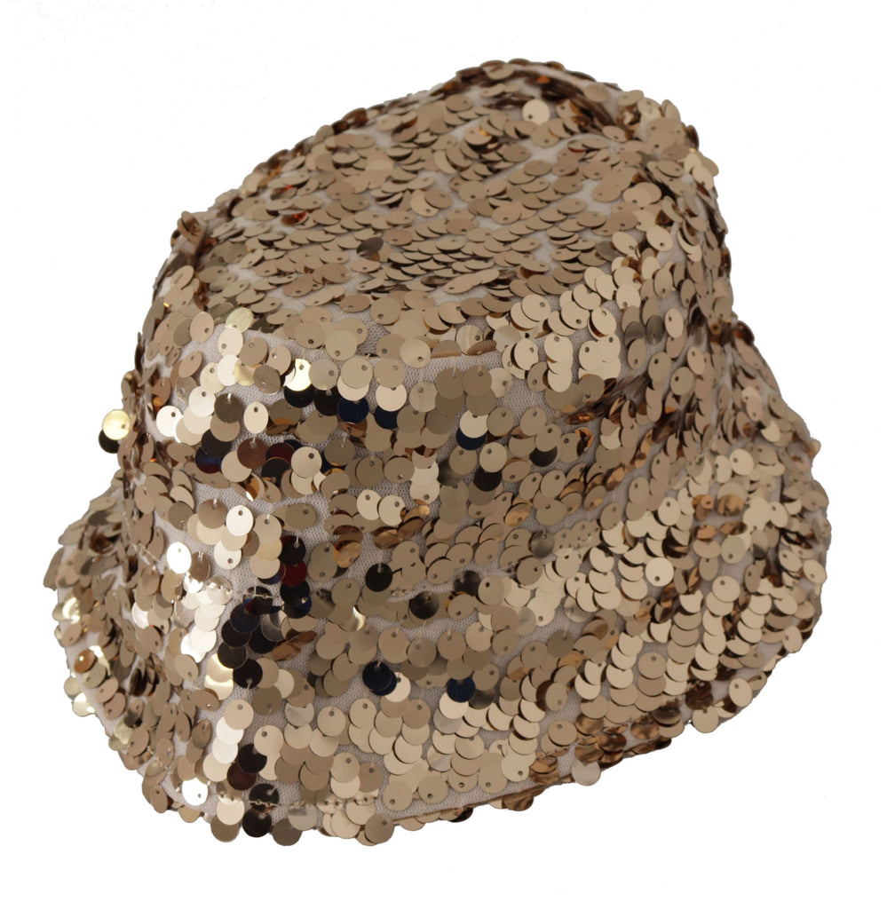 Dolce & Gabbana Gold Silk Sequin Embellished Designer Brim Bucket Hat - Luxe & Glitz