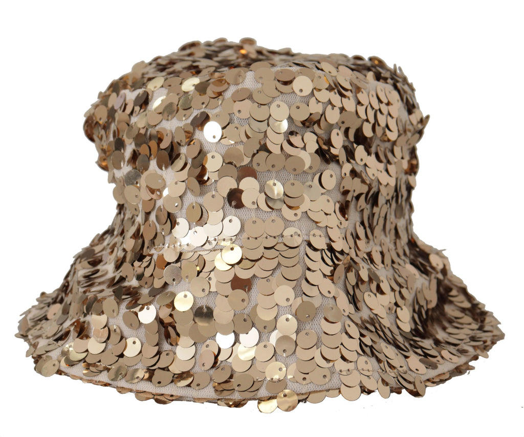 Dolce & Gabbana Gold Silk Sequin Embellished Designer Brim Bucket Hat - Luxe & Glitz