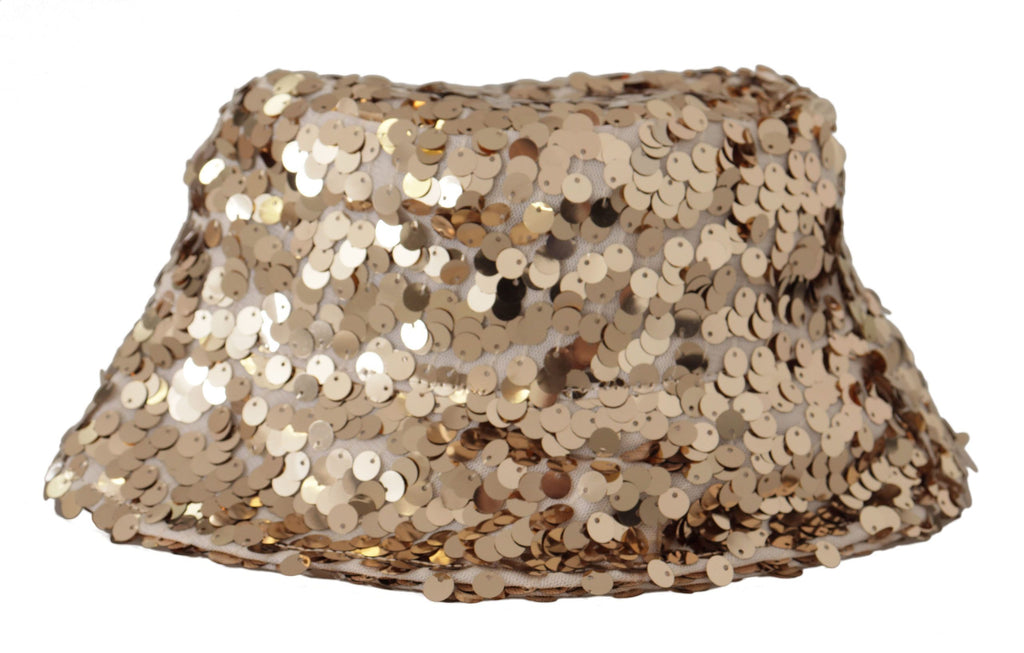 Dolce & Gabbana Gold Silk Sequin Embellished Designer Brim Bucket Hat - Luxe & Glitz