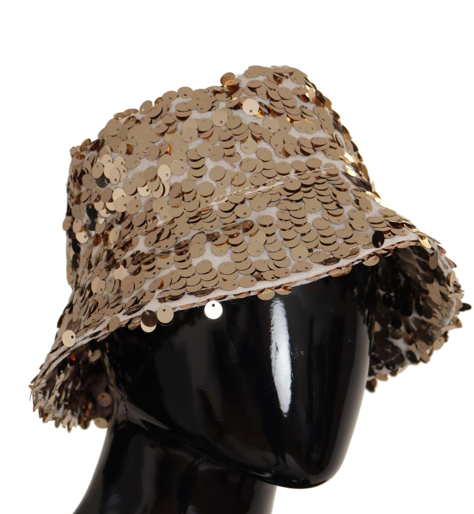 Dolce & Gabbana Gold Silk Sequin Embellished Designer Brim Bucket Hat - Luxe & Glitz