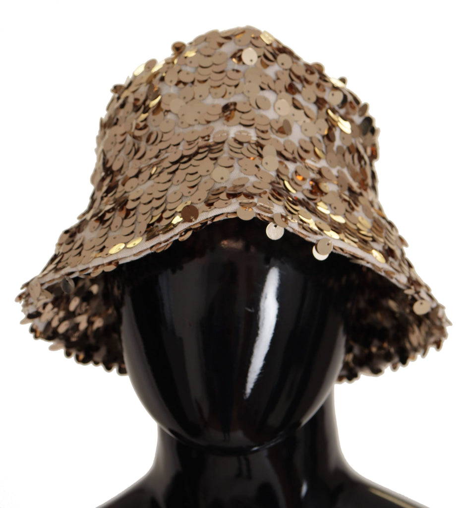 Dolce & Gabbana Gold Silk Sequin Embellished Designer Brim Bucket Hat - Luxe & Glitz