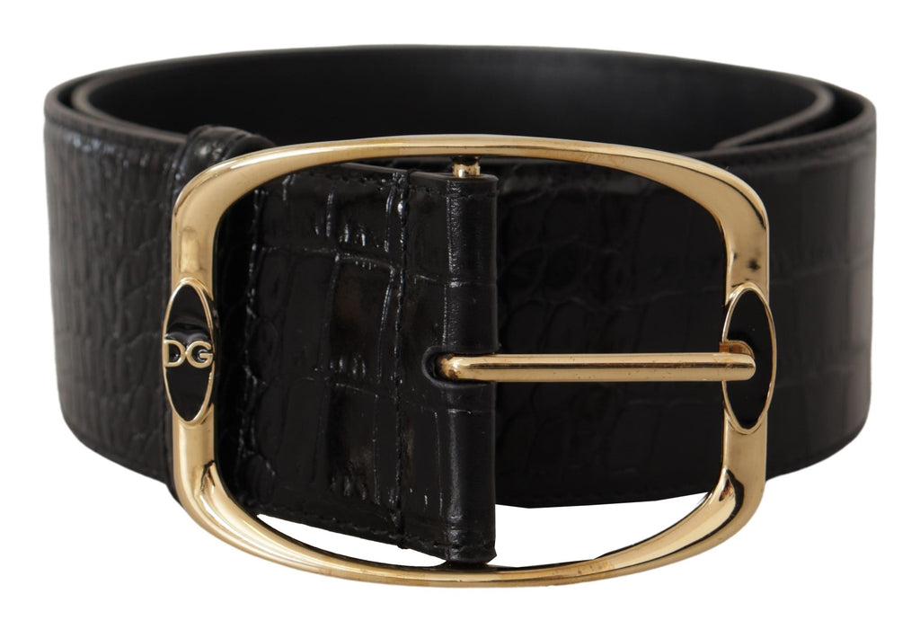 Dolce & Gabbana Black Crocodile Print Gold Metal DG Logo Buckle Belt - Luxe & Glitz