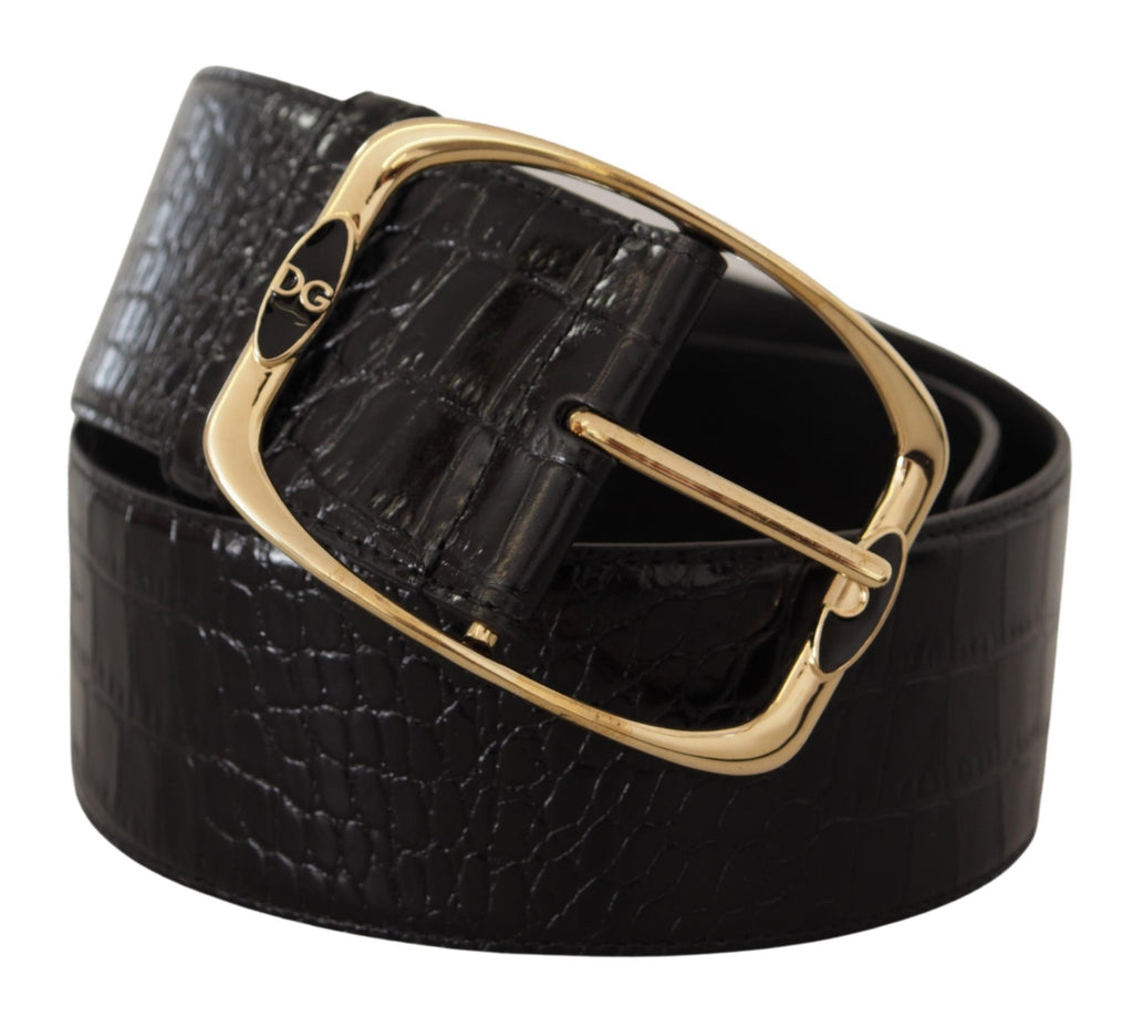 Dolce & Gabbana Black Crocodile Print Gold Metal DG Logo Buckle Belt - Luxe & Glitz