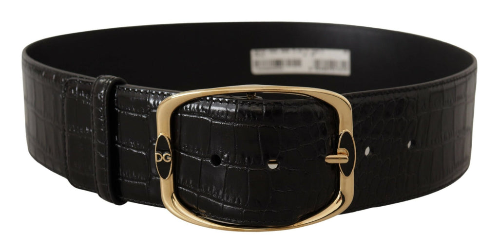 Dolce & Gabbana Black Crocodile Print Gold Metal DG Logo Buckle Belt - Luxe & Glitz