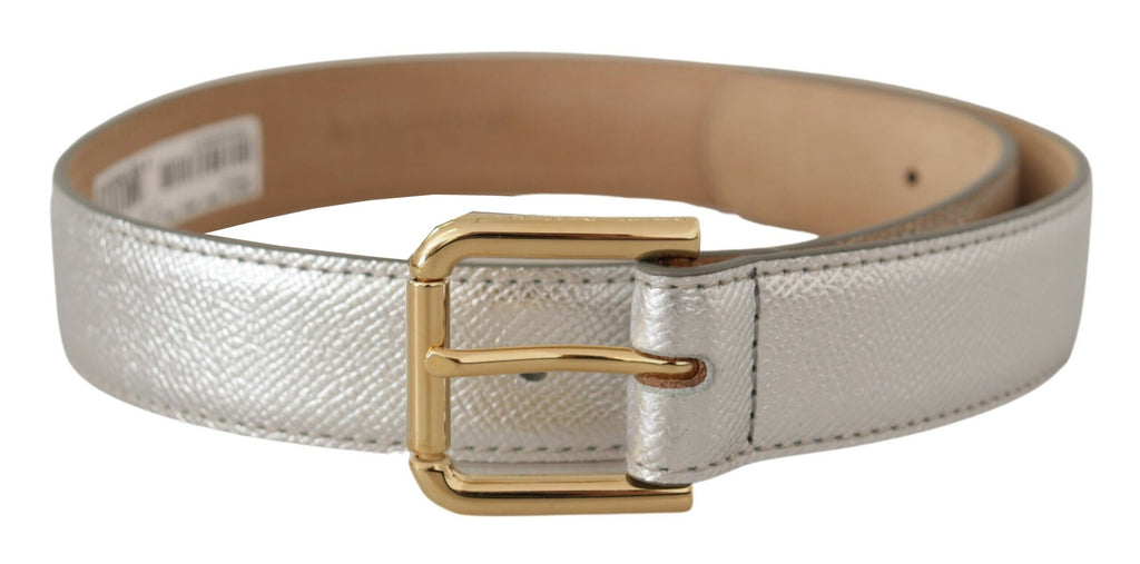 Dolce & Gabbana Silver Leather Gold Tone Logo Metal Waist Buckle Belt - Luxe & Glitz